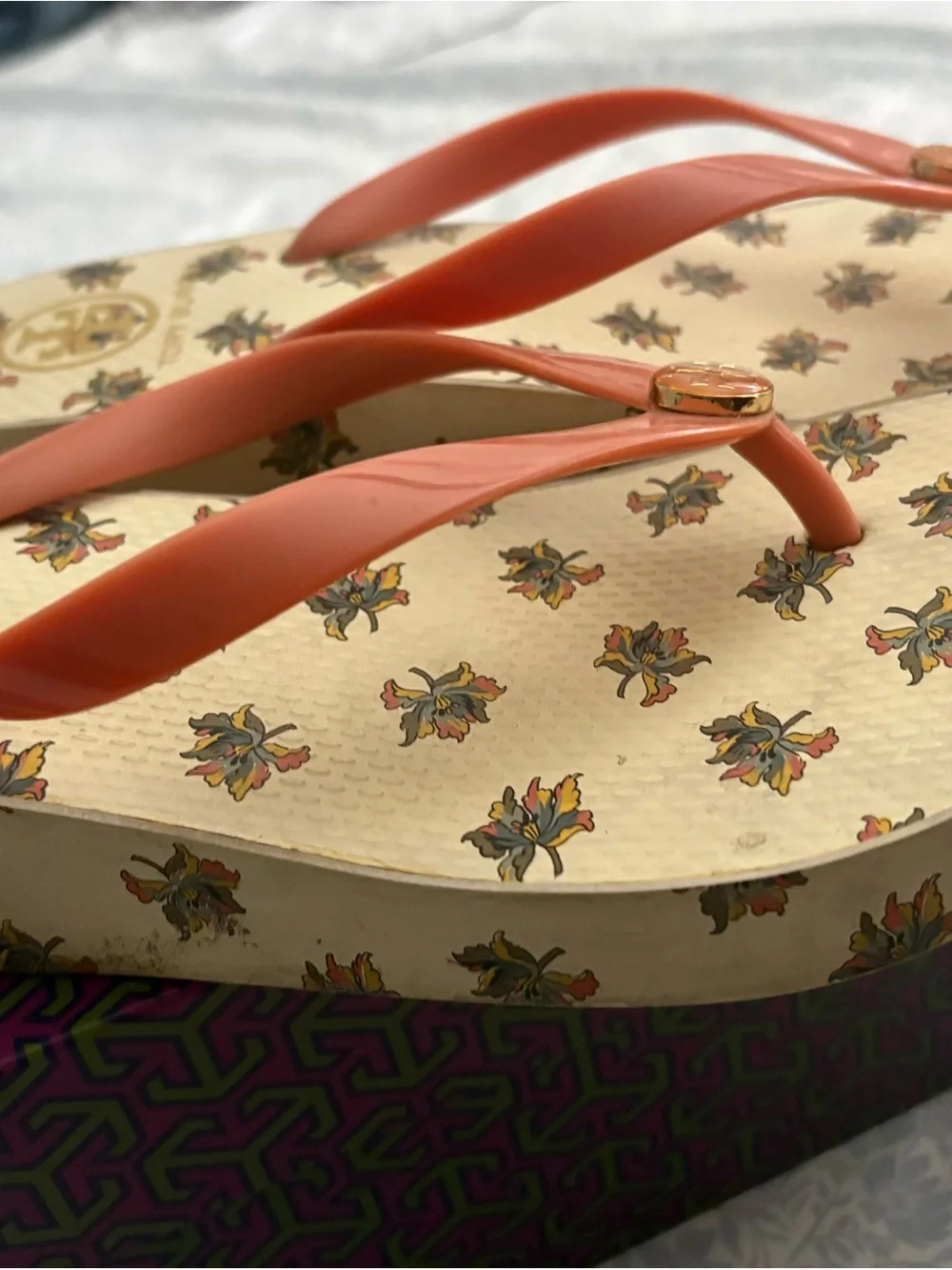 Tory Burch Purple, Green and Orange Geometric Wedge Flip Flop Box